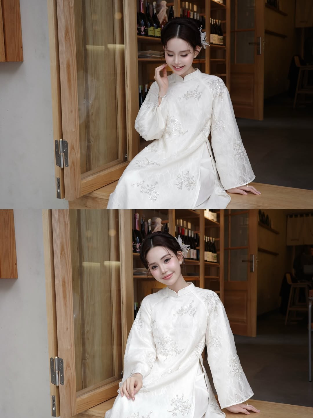 Bối cảnh chụp ảnh cũng góp phần tạo nên tổng thể hài hòa. Những không gian mang tông màu gỗ ấm áp, ánh đèn vàng dịu nhẹ hay cành cây khô trang trí phía sau đều làm nổi bật hình ảnh thiếu nữ trong tà áo dài truyền thống. Sự kết hợp giữa trang phục cổ điển và không gian hiện đại tạo nên bộ ảnh vừa có chiều sâu, vừa gần gũi với giới trẻ.