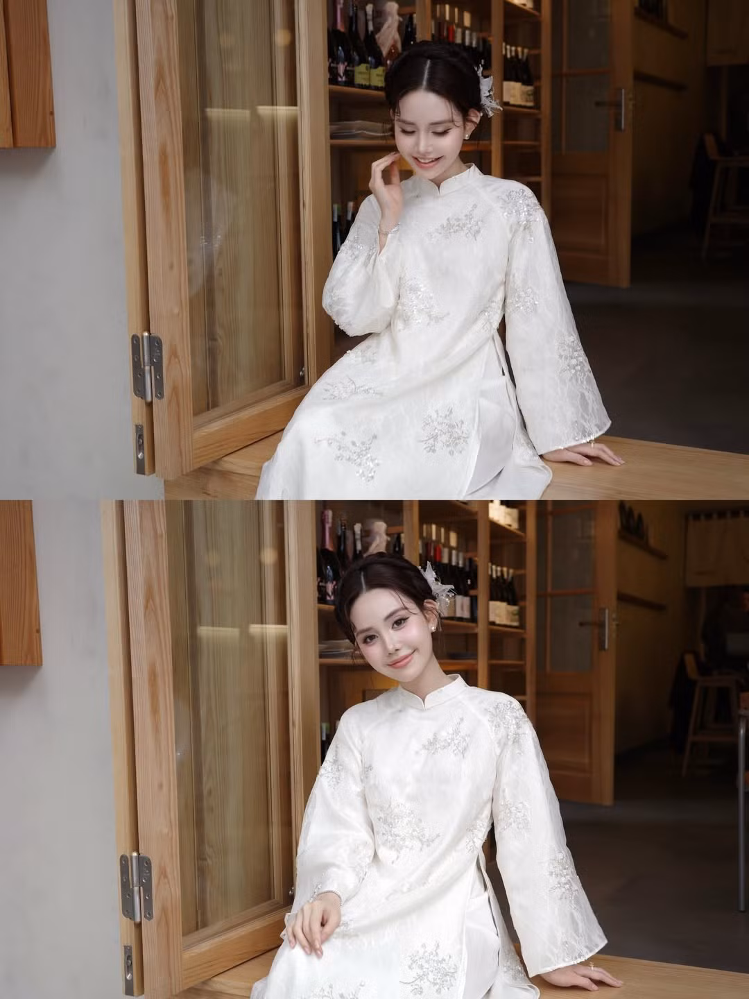 Bối cảnh chụp ảnh cũng góp phần tạo nên tổng thể hài hòa. Những không gian mang tông màu gỗ ấm áp, ánh đèn vàng dịu nhẹ hay cành cây khô trang trí phía sau đều làm nổi bật hình ảnh thiếu nữ trong tà áo dài truyền thống. Sự kết hợp giữa trang phục cổ điển và không gian hiện đại tạo nên bộ ảnh vừa có chiều sâu, vừa gần gũi với giới trẻ.