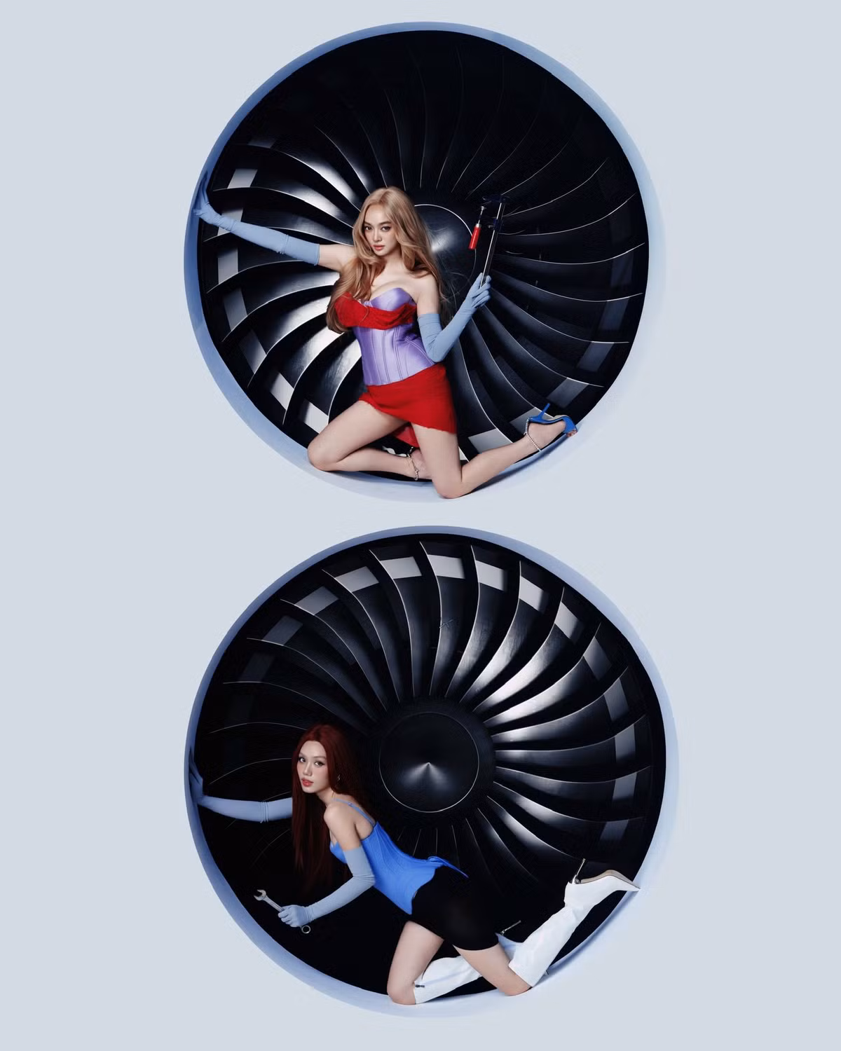 Trong loạt ảnh, Kaity Nguyễn diện corset tím ôm sát cơ thể, kết hợp cùng chân váy đỏ rực và đôi giày cao gót xanh cobalt. Sự phối hợp táo bạo giữa những gam màu đối lập giúp tôn lên làn da trắng cùng vóc dáng gợi cảm của nữ diễn viên.