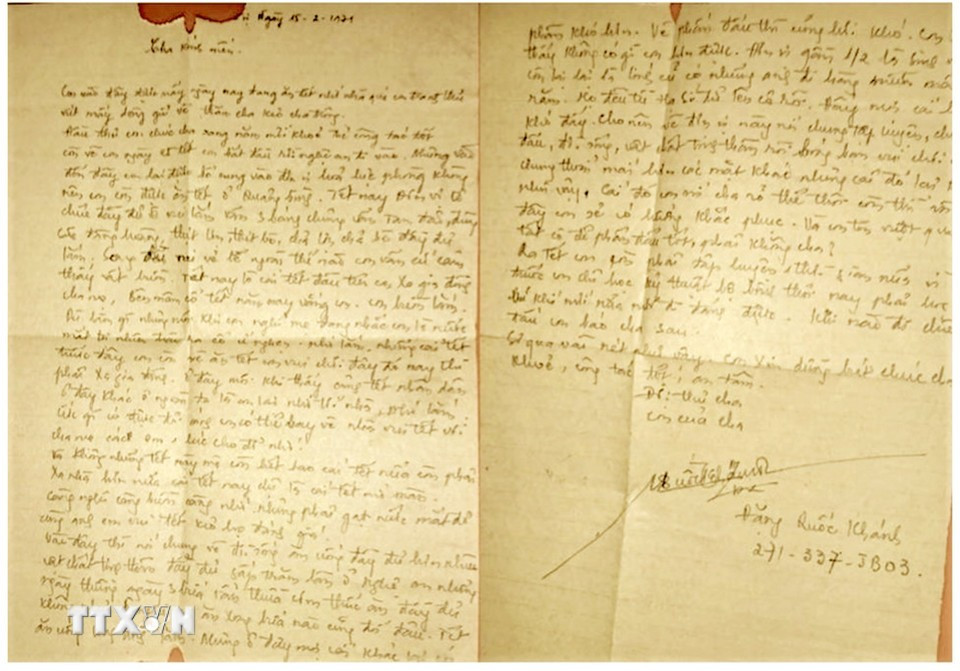 Di thư của liệt sỹ Đặng Quốc Khánh. (Ảnh: TTXVN phát)