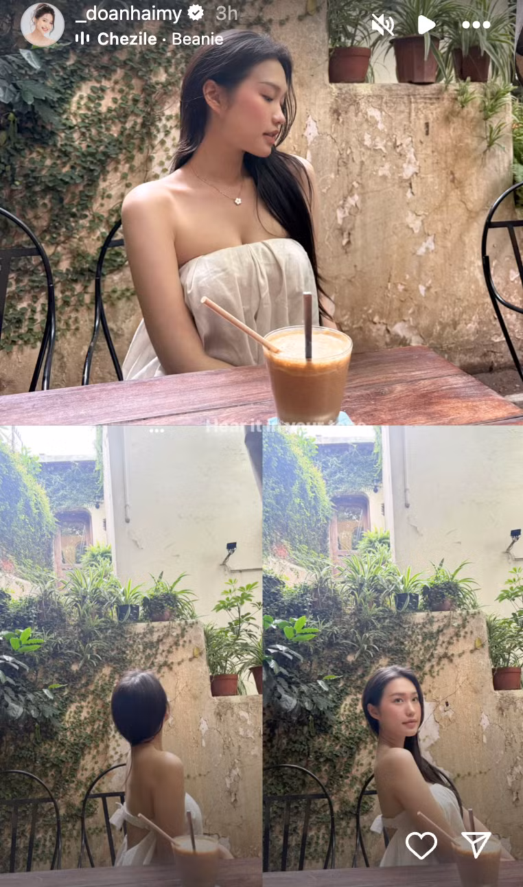 Từ bỏ những item áo phông rộng rãi giấu dáng, Hải My dường như đặc biệt yêu thích những thiết kế váy áo trễ nải, khoe vai bờ vai thanh mảnh, lưng trần gợi cảm cùng vóc dáng "mình hạc xương mai".