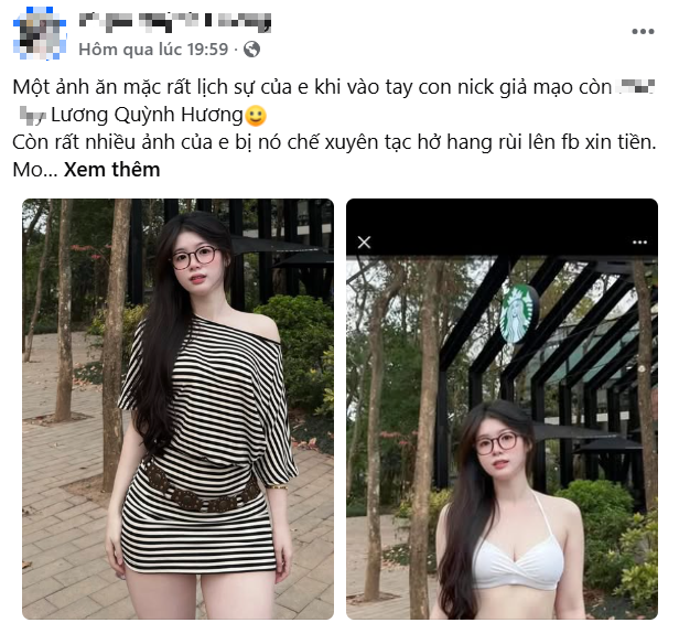 Trên trang cá nhân, Quỳnh Hương chia sẻ một bức ảnh gốc của mình trong trang phục kín đáo, lịch sự, nhưng lại bị kẻ gian dùng công nghệ AI “chế” lại thành hình ảnh hở hang, phản cảm.