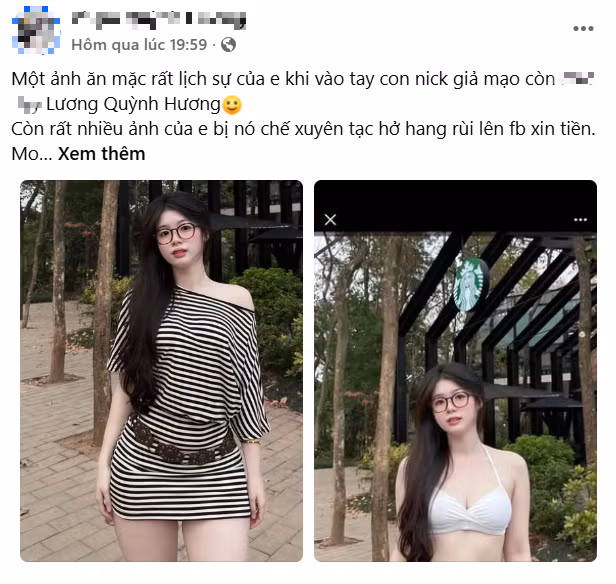 Trên trang cá nhân, Quỳnh Hương chia sẻ một bức ảnh gốc của mình trong trang phục kín đáo, lịch sự, nhưng lại bị kẻ gian dùng công nghệ AI “chế” lại thành hình ảnh hở hang, phản cảm.