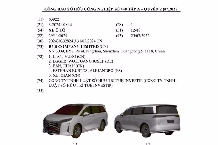 Tại Quyển 2 thuộc Công báo số 448 tập A do Cục sở hữu trí tuệ Việt Nam công bố trong tháng 7, xuất hiện mẫu MPV M9 được Công ty BYD đăng ký bản quyền kiểu dáng công nghiệp.
