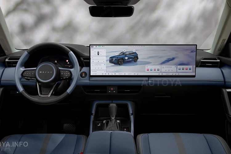 Không gian nội thất – được hé lộ phần nào ở hình nền phía sau – cho thấy CX-5e có thể trang bị màn hình siêu rộng kiểu CX-6e, bảng táp-lô đơn giản và vô lăng tinh chỉnh nhẹ, hướng đến sự tối giản nhưng hiện đại.