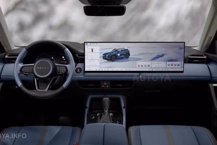 Không gian nội thất – được hé lộ phần nào ở hình nền phía sau – cho thấy CX-5e có thể trang bị màn hình siêu rộng kiểu CX-6e, bảng táp-lô đơn giản và vô lăng tinh chỉnh nhẹ, hướng đến sự tối giản nhưng hiện đại.