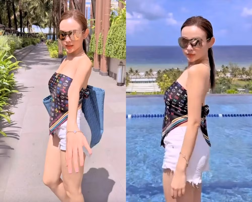 Cách phối đồ này không chỉ giúp 'phú bà' khoe trọn bờ vai trần, xương quai xanh quyến rũ mà còn thể hiện sự sáng tạo và đẳng cấp "chơi" đồ hiệu.