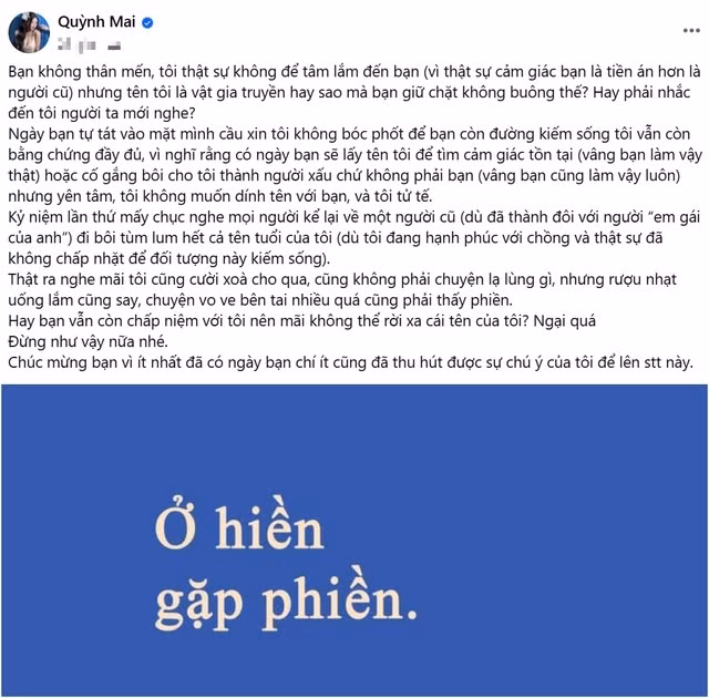 Nữ MC Mai Dora gửi lời nhắn nhủ này đến một người cũ, tố cáo người này liên tục bôi nhọ tên tuổi cô dù cô đang hạnh phúc bên chồng.