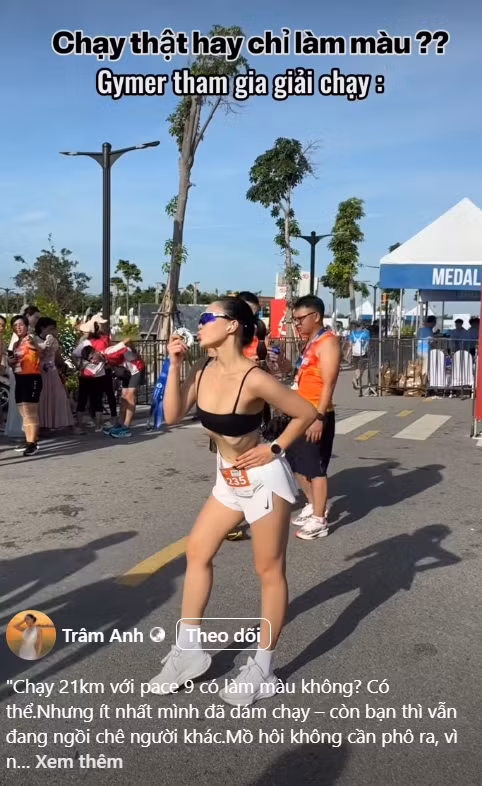 Mới đây, Trâm Anh đã tham gia một giải chạy marathon tại Việt Nam. Ngay từ khi xuất hiện, cô nàng đã thu hút sự chú ý với trang phục bó sát, khoe trọn vóc dáng chuẩn. Tuy nhiên, không ít người đã chỉ trích cô là "làm màu", cho rằng cô cố tình ăn thu hút sự chú ý thay vì tập trung vào việc chạy.
