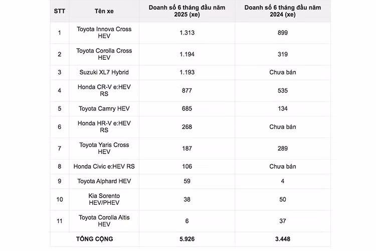 Trong 6 tháng đầu năm, thị trường Việt sự hiện diện của Suzuki XL7 Hybrid và màn thoái lui của Suzuki Ertiga Hybrid. Honda tăng cường thêm HR-V e:HEV RS (ra mắt 4/2025) vào đội hình xe Hybrid để hỗ trợ trợ cho Civic e:HEV RS trong cuộc chiến dành thị phần với các thương hiệu lớn.