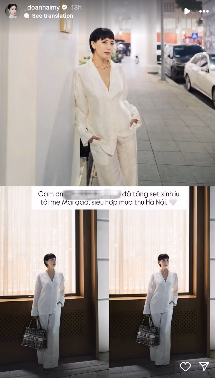 Trên story Instagram của con gái, cô Mai Đoàn xuất hiện với set suit trắng được thiết kế tinh giản nhưng đầy tinh tế. Chất liệu lụa nhẹ, phom dáng thoải mái giúp tôn lên vẻ thanh lịch và hiện đại.