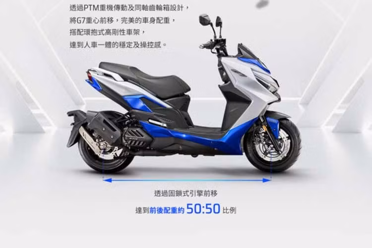 Kymco G7 2026 được nâng cấp rõ rệt về thiết kế, trang bị và hiệu năng. Tổng thể vẫn giữ phong cách thể thao với các đường nét góc cạnh, sàn để chân dạng phẳng, nhưng phần đầu xe đã được tinh chỉnh lại để trông sắc sảo và dữ dằn hơn.