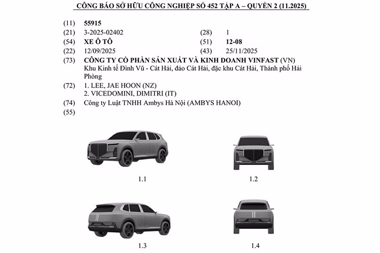 Trong Công báo Sở hữu Công nghiệp số 452 tập A, quyển 2, tháng 11/2025, VinFast đã đăng ký bảo hộ kiểu dáng cho 3 mẫu ôtô bí ẩn hoàn toàn mới. Trong đó, có 2 mẫu xe mang kiểu dáng SUV và 1 mẫu sedan.