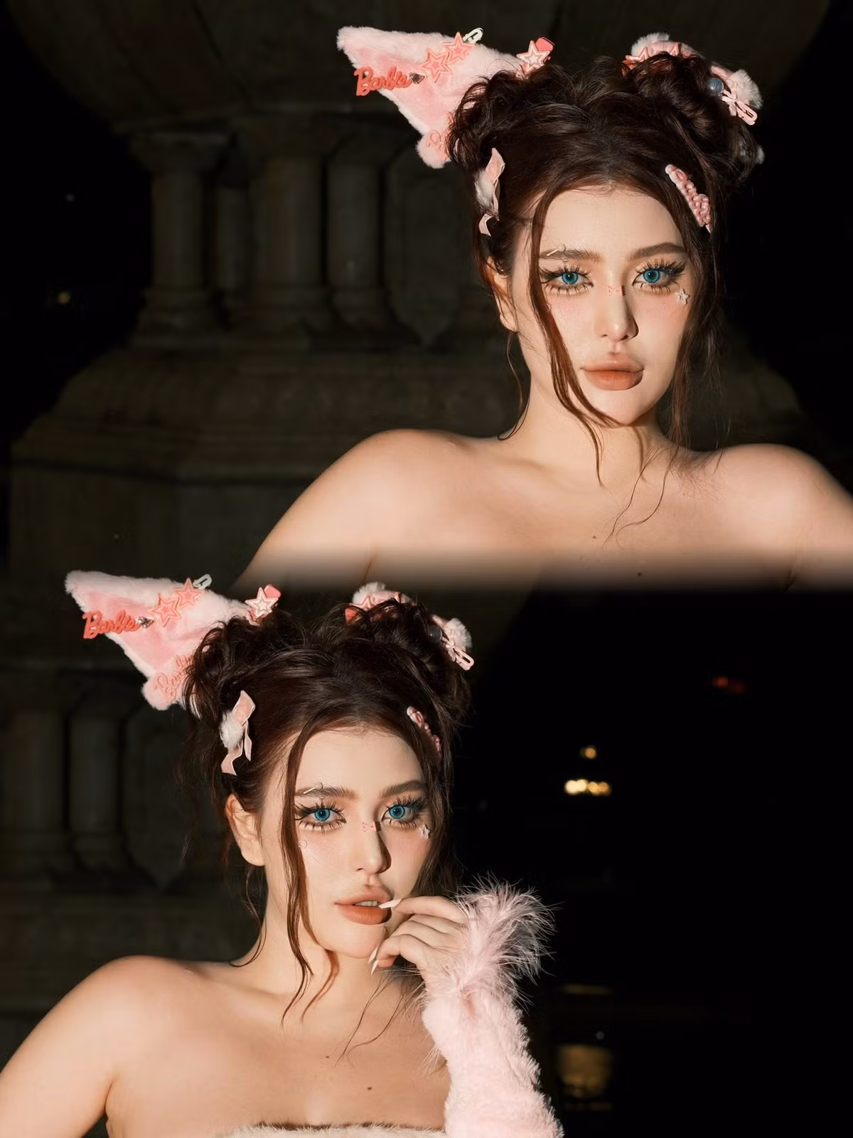 Mái tóc búi cao, đôi tai thỏ xinh xắn cùng phong cách trang điểm nhấn vào đôi mắt to tròn khiến tổng thể vừa đáng yêu, vừa quyến rũ “chết người”.