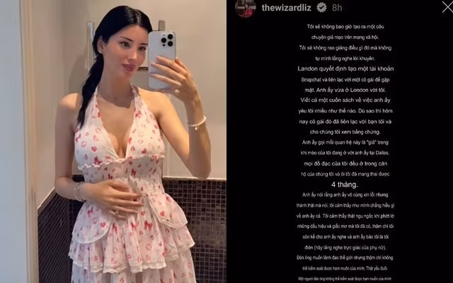 Mới đây trên story Instagram cá nhân hơn hơn 4,2 triệu người theo dõi, TikToker The Wizard Liz (Lize Dzjabrailova, SN 1999, ở Dubai) - người nổi tiếng với biệt danh "Bà tổ tính nữ" (người có tính nữ cao - PV) bất ngờ chia sẻ bị vị hôn phu - YouTuber Landon Nickerson “cắm sừng” khi cô đang mang bầu ở tháng thứ 4.