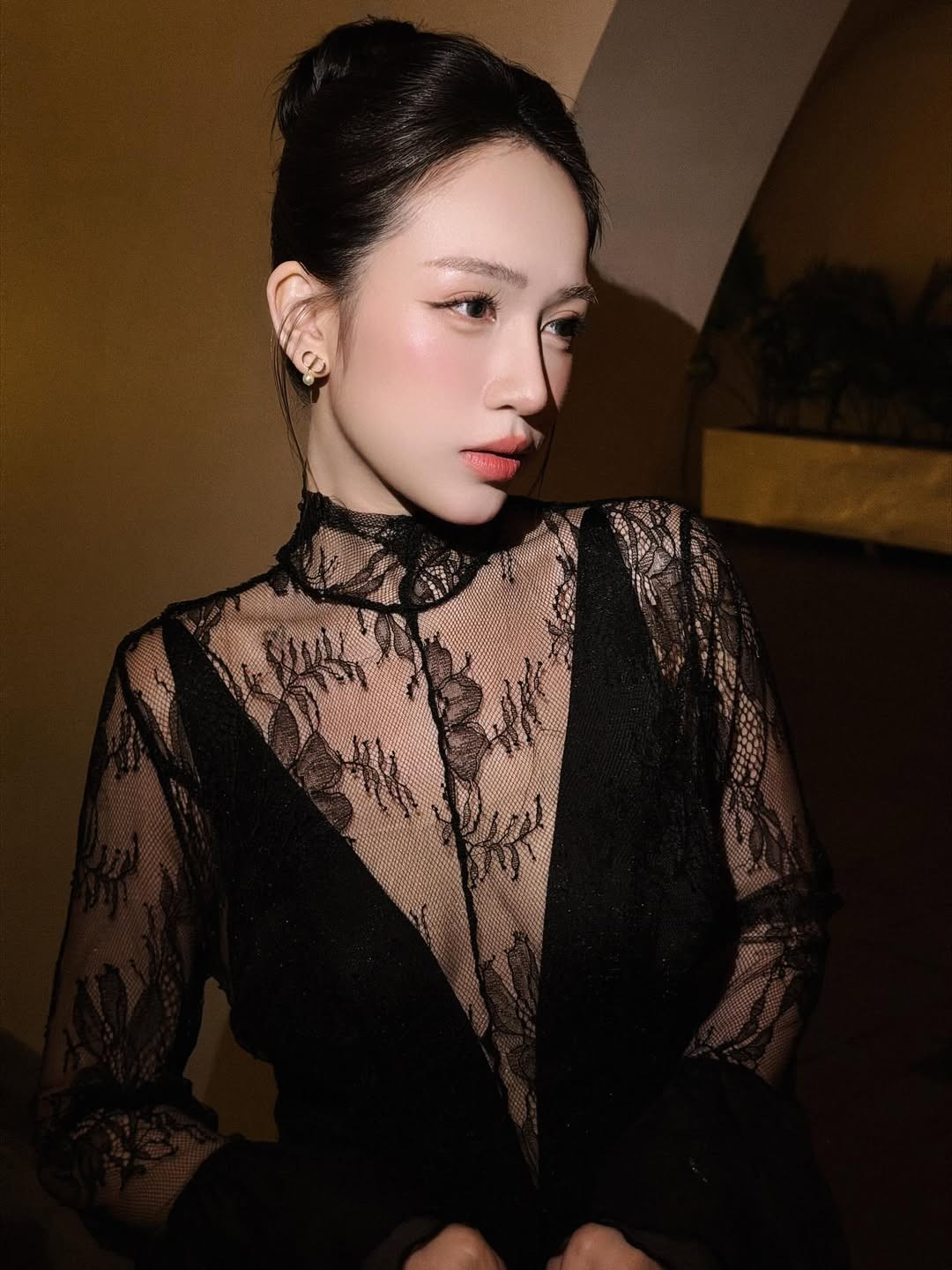 Trong bộ váy đen xuyên thấu phối ren, Joyce Phạm toát lên vẻ đẹp trưởng thành và quyến rũ. Phần cổ cao thanh lịch kết hợp tay dài ren mảnh giúp tôn bờ vai thon và làn da trắng mịn, trong khi dáng váy ôm vừa phải khéo léo khoe đường cong cân đối.