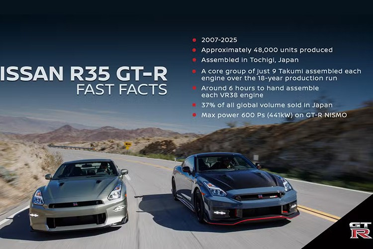 Trong suốt 18 năm sản xuất, chỉ có 9 người chịu trách nhiệm lắp ráp thủ công toàn bộ động cơ của GT-R. Mỗi động cơ cần khoảng 6.000 giờ để hoàn thiện. R35 GT-R là ngôi sao trên đường đua, đồng thời gặt hái nhiều thành công tại giải đua Super GT của Nhật Bản và giành chiến thắng tại cuộc đua 12 Hours of Bathurst năm 2015.