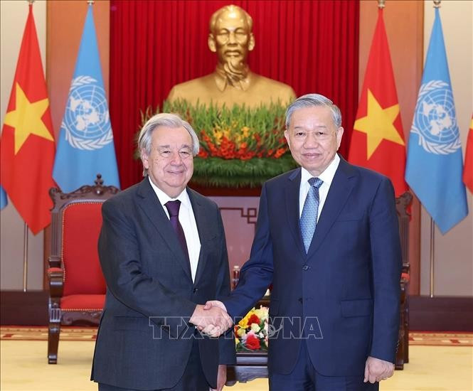 Tổng Bí thư Tô Lâm tiếp Tổng Thư ký Liên Hợp Quốc António Guterres. Ảnh: Thống Nhất/TTXVN