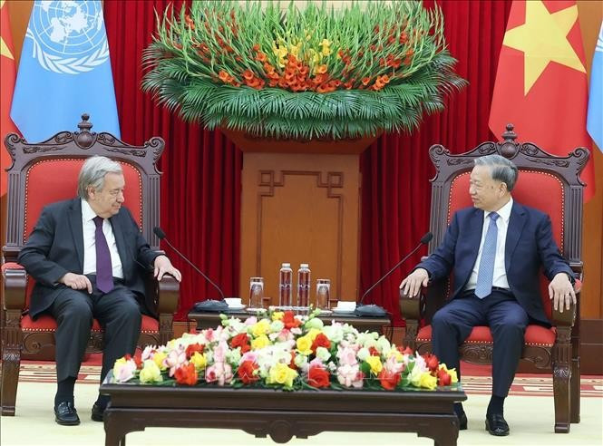 Tổng Bí thư Tô Lâm tiếp Tổng Thư ký Liên Hợp Quốc António Guterres. Ảnh: Thống Nhất/TTXVN