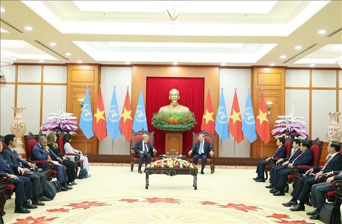 Tổng Bí thư Tô Lâm tiếp Tổng Thư ký Liên Hợp Quốc António Guterres. Ảnh: Thống Nhất/TTXVN