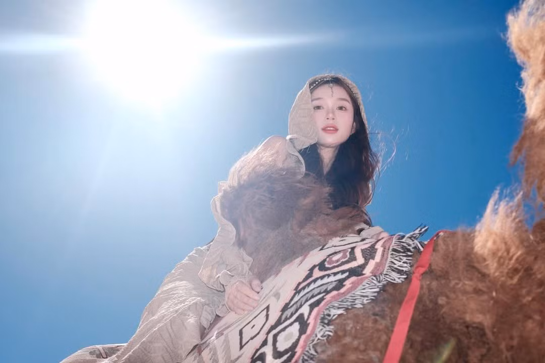 Xuất hiện giữa khung cảnh nắng gió, cát vàng trải dài và bầu trời xanh thẳm, hot girl Điện Biên gây ấn tượng mạnh khi thả dáng bên những chú lạc đà – biểu tượng của miền đất khô cằn nhưng đầy mê hoặc.