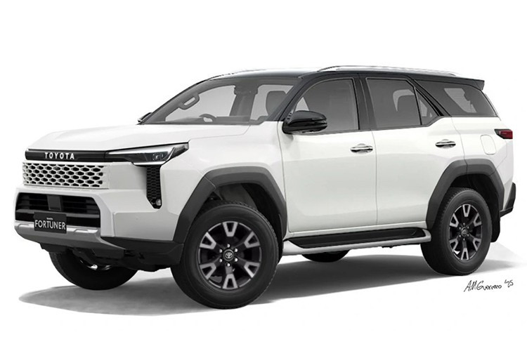 Bản dựng cho thấy Fortuner mới có thể sở hữu phần đầu xe mang phong cách “Cyber Sumo” – ngôn ngữ thiết kế mới của Hilux – với dải đèn LED ban ngày vuốt dài xuống hốc gió giả và cụm đèn sương mù được tích hợp gọn gàng.