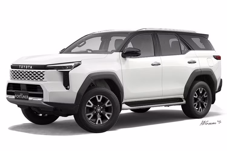 Bản dựng cho thấy Fortuner mới có thể sở hữu phần đầu xe mang phong cách “Cyber Sumo” – ngôn ngữ thiết kế mới của Hilux – với dải đèn LED ban ngày vuốt dài xuống hốc gió giả và cụm đèn sương mù được tích hợp gọn gàng.