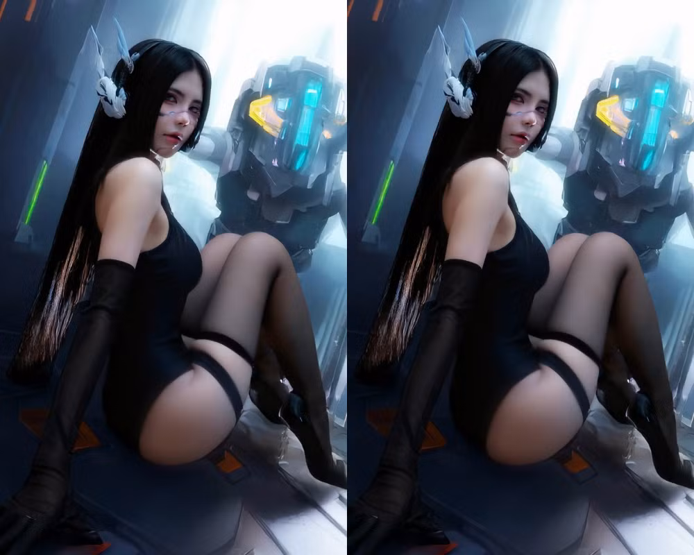 Mái tóc dài cùng lối trang điểm sắc sảo, nhấn mạnh ánh mắt kiên định đã hoàn thiện vẻ ngoài của một nữ chiến binh mạnh mẽ, sẵn sàng đối đầu với mọi thử thách.