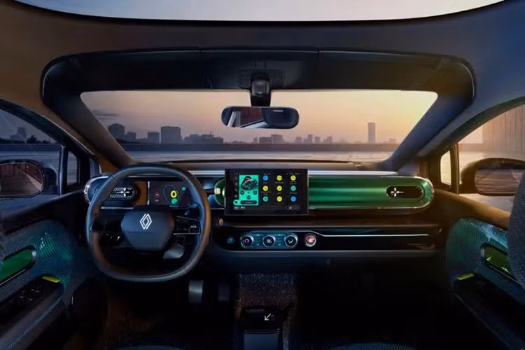 Bảng điều khiển của Renault Twingo 2026 có màn hình thông tin giải trí nổi phía trên cụm đồng hồ nhỏ hơn trông quen thuộc khi nhìn từ thùng phụ tùng của Dacia.