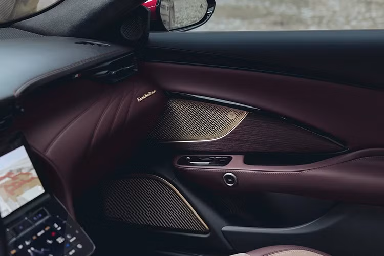 Các chi tiết nội thất khác được mạ vàng thủ công như màn bảo vệ loa của hệ thống âm thanh Sonus faber, logo taplo..., kết hợp ốp gỗ cây Dương sơn đỏ tại taplo và tapi cửa.