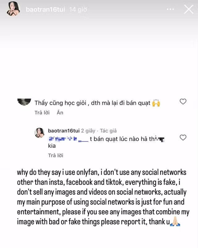Đối diện với những ý kiến trái chiều, Bảo Trân giữ vững lập trường của mình. Cô chia sẻ rằng những hình ảnh đó không phải là công cụ để trục lợi, mà là cách cô thể hiện tình yêu với cơ thể mình và truyền cảm hứng về sự tự tin.