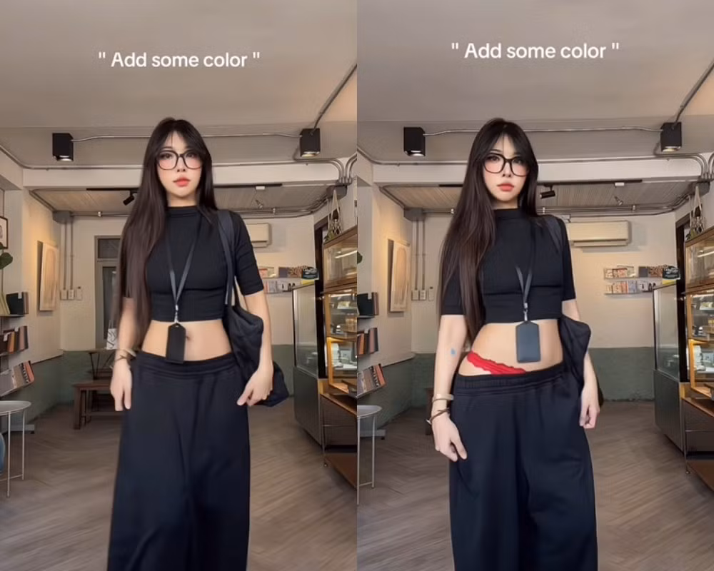 Ngay sau đó, cinnamon.96 bất ngờ kéo nhẹ phần cạp quần xuống, để lộ nội y màu đỏ nổi bật bên trong. Khoảnh khắc ấy diễn ra rất nhanh, vừa đủ để người xem kịp "giật mình", nhưng cũng đủ táo bạo để tạo nên hiệu ứng mạnh mẽ. Sự tương phản giữa trang phục tối màu ban đầu và sắc đỏ rực rỡ đã khiến video trở nên cuốn hút hơn bao giờ hết.