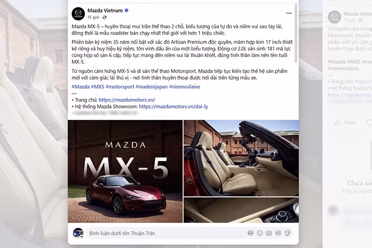 Cộng đồng yêu xe Việt Nam đang xôn xao khi fanpage chính thức của Mazda Việt Nam bất ngờ đăng tải thông tin về mẫu xe mui trần thể thao MX-5. Động thái này ngay lập tức làm dấy lên câu hỏi: Liệu đây có phải là tín hiệu cho sự trở lại chính hãng của mẫu roadster bán chạy nhất thế giới?
