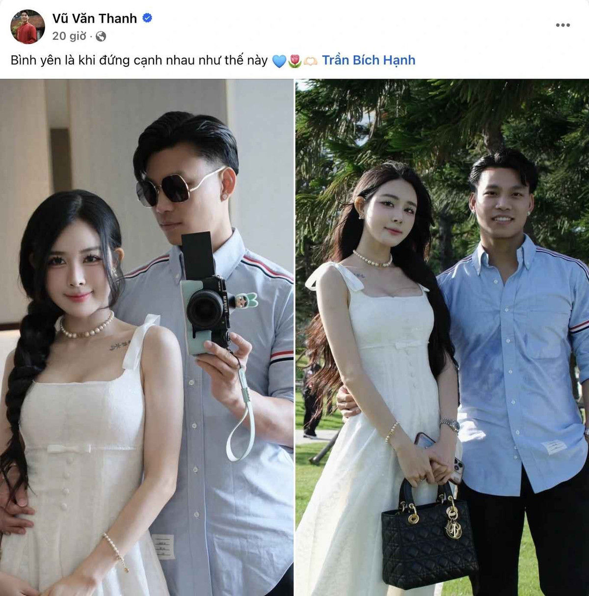 Ngày 8/7, Vũ Văn Thanh đăng tải khoảnh khắc tình tứ bên bạn gái Trần Bích Hạnh, được chụp lại khi cặp đôi tham dự đám cưới của trung vệ Dương Thanh Hào. Trong bức hình, "hot girl phòng gym" xuất hiện rạng rỡ trong chiếc váy dài trắng, tựa người tình cảm bên bạn trai.