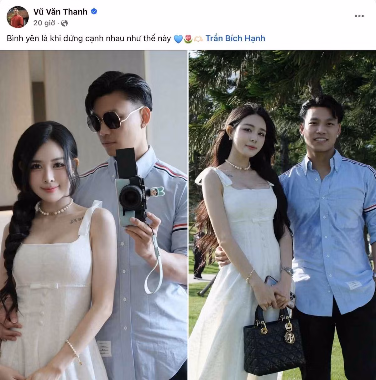 Ngày 8/7, Vũ Văn Thanh đăng tải khoảnh khắc tình tứ bên bạn gái Trần Bích Hạnh, được chụp lại khi cặp đôi tham dự đám cưới của trung vệ Dương Thanh Hào. Trong bức hình, "hot girl phòng gym" xuất hiện rạng rỡ trong chiếc váy dài trắng, tựa người tình cảm bên bạn trai.
