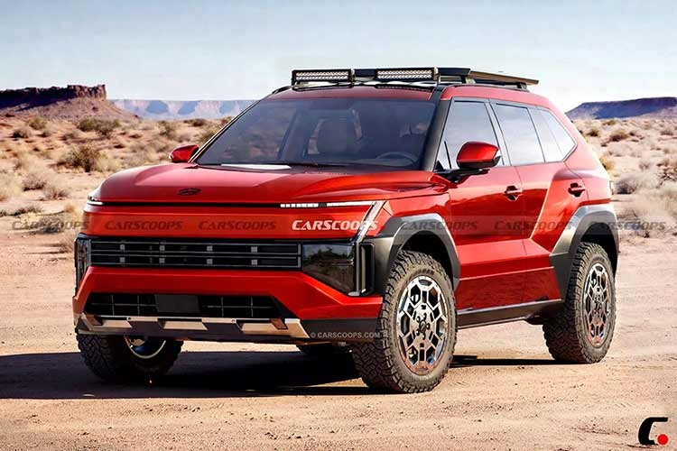 Lưới tản nhiệt hai tầng màu đen được đặt thấp trên cản trước, góp phần tạo nên diện mạo mới lạ cho phần đầu xe. Nhìn từ bên hông, Tucson mới có nhiều điểm tương đồng với Hyundai SantaFe thế hệ mới, đặc biệt là thiết kế vòm bánh xe vuông vức. Xe cũng được trang bị tay nắm cửa dạng ẩn, các chi tiết ốp đen ở chân cửa cùng thanh giá nóc màu đen.