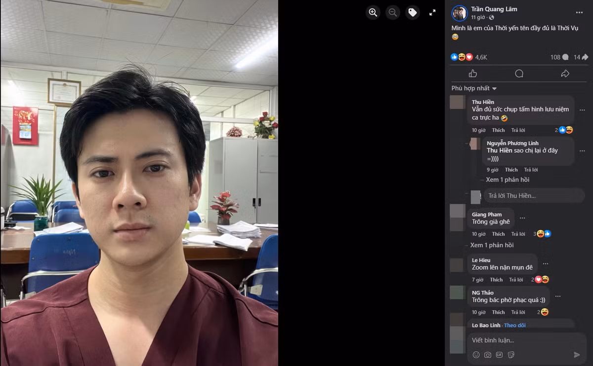 Mới đây trên trang cá nhân, bác sĩ Trần Quang Lâm đã có bài đăng gây chú ý. Anh viết: "Mình là em của Thời Yến (tên nam chính của một bộ phim ngôn tình nổi tiếng Trung Quốc - PV) tên đầy đủ là Thời Vụ".