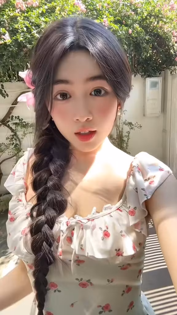 Mái tóc dài được tết gọn gàng sang một bên, buông lơi đầy nữ tính. Cạnh đó, bông hoa lớn cài trên tóc khiến cô thêm phần duyên dáng, như hình ảnh một “nàng thơ mùa hè” giữa vườn hoa rực rỡ. Ánh nắng chiếu nhẹ lên gương mặt càng làm bật lên sự trong sáng, thuần khiết của cô gái tuổi đôi mươi.