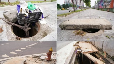 Hàng loạt hố ga không nắp trên tuyến đường mới mở ở Long Biên