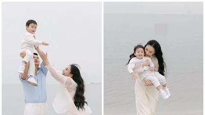 Hồ Quỳnh Hương cùng chồng con vui đùa trên bãi biển