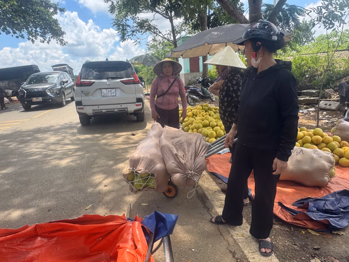 Chị Nguyễn Mai Anh (xã Hương Phố) thường đến chợ để thu mua bưởi rồi đưa đi tiêu thụ tại Nghệ An, Quảng Trị. “Mua số lượng nhiều, chúng tôi đóng bao và chất lên xe tải, đưa về các chợ ở tỉnh khác. Cứ vào chính vụ, gần như ngày nào tôi cũng có mặt ở chợ này để thu mua” - chị Mai Anh nói.