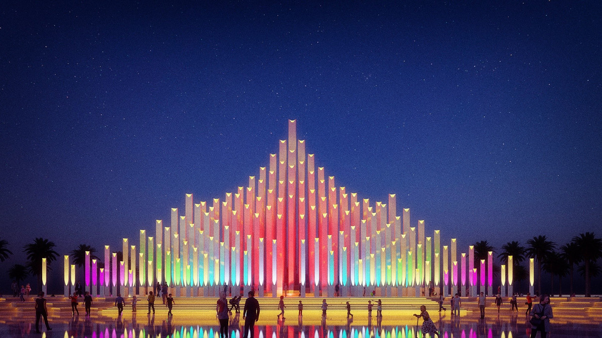 Phối cảnh tháp Tam Thắng về đêm. Trước đó, công trình vướng tranh cãi với tạo hình được cho là giống tháp Nghinh Phong (Đắk Lắk). Tuy nhiên, đại diện ban quản lý dự án xây dựng cho biết không thể nói cả 2 công trình giống nhau bởi mỗi tòa tháp đều có ý nghĩa và mang giá trị vùng miền riêng biệt. Ảnh: Ego Group.