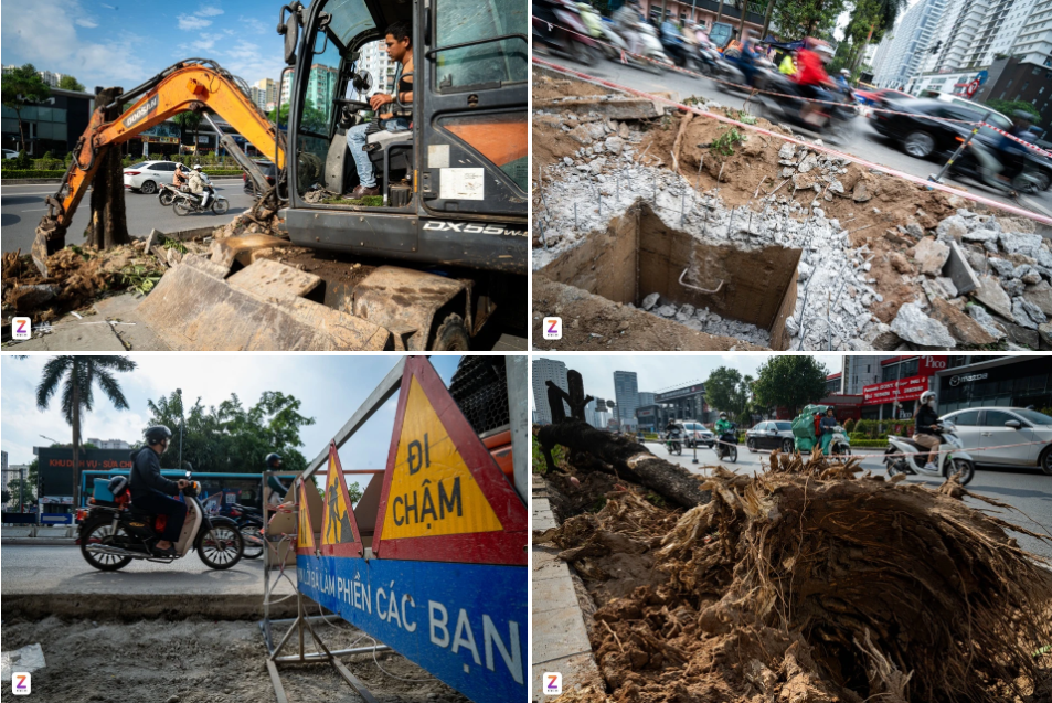Theo ghi nhận của Tri Thức - Znews, máy móc và công nhân đang được huy động thi công liên tục tại nút giao Lê Văn Lương. Nhiều đoạn vỉa hè đã bị cắt xén 2 m, bóc dỡ để phục vụ việc mở rộng mặt đường.
