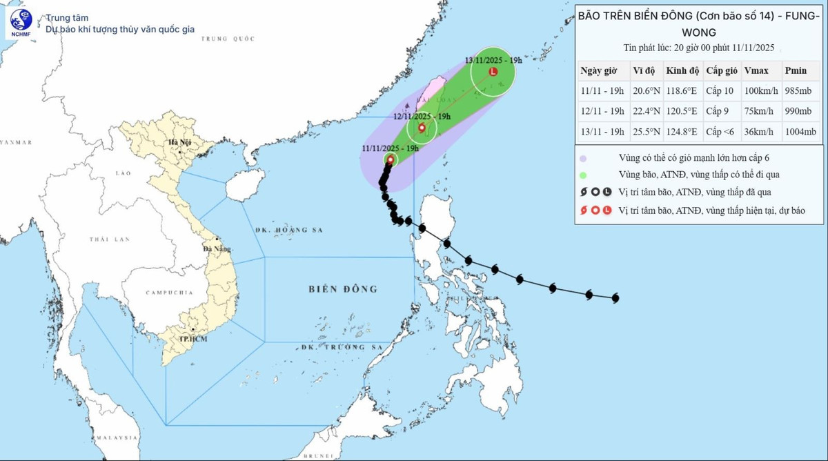 Vị trí và đường đi của bão số 14. Ảnh: KTTV