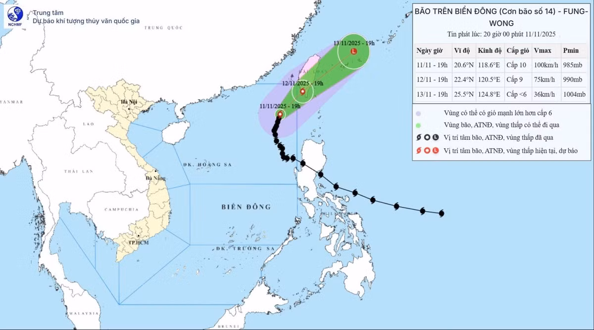 Vị trí và đường đi của bão số 14. Ảnh: KTTV