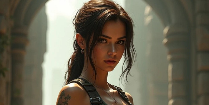 5.Lara Croft là biểu tượng nhan sắc đầu tiên trong thế giới game hành động. Hình ảnh AI tái hiện cho thấy vẻ đẹp hoang dã, mạnh mẽ và trí tuệ đặc trưng của nhà khảo cổ huyền thoại.