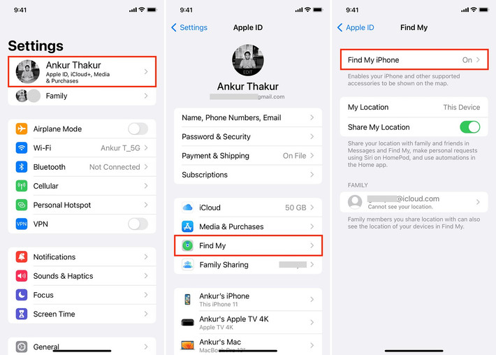 Để tắt, bạn vào Cài đặt, chọn tên Apple ID của mình, rồi vào mục “Tìm” và chọn “Tìm iPhone”.
