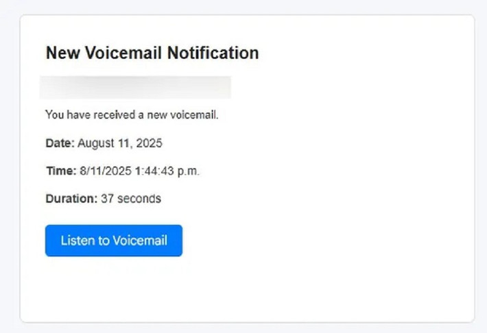 Tin tặc gửi email giả mạo với tiêu đề “New Voice Notification” kèm nút “Listen to Voicemail”.