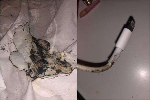 Chỉ vài phút sau, dây sạc bốc cháy và gây hỏa hoạn thiêu rụi toàn bộ phòng ngủ. (Ảnh: Gizmochina)