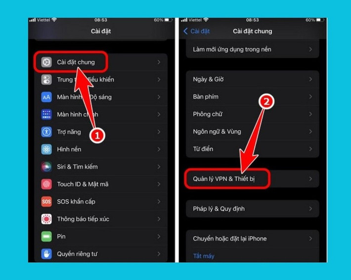 Hãy vào Cài đặt > Cài đặt chung > Quản lý VPN & Thiết bị để bắt đầu quá trình xác minh.